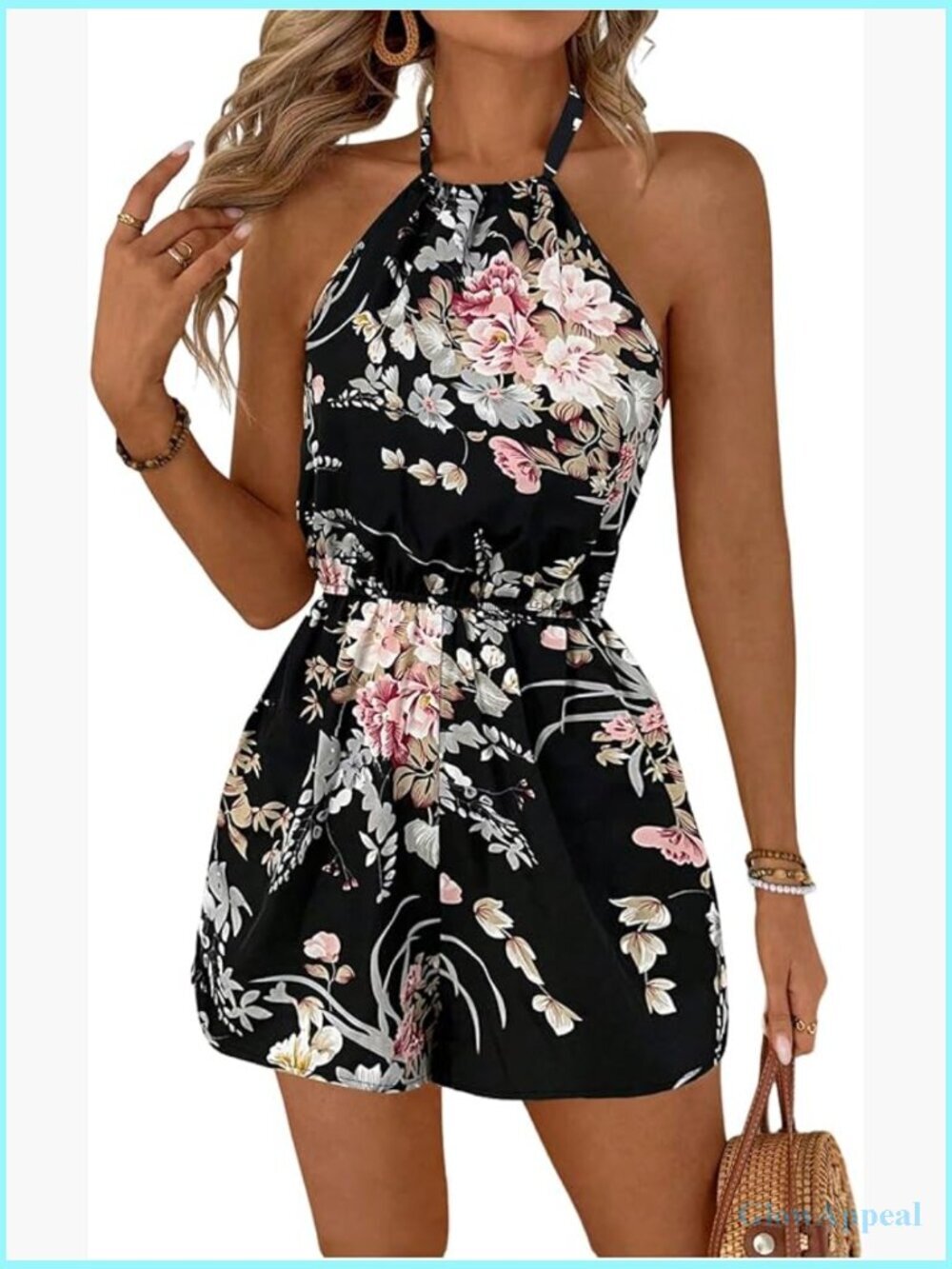 Halter Sleeveless Printed Jumpsuit Romper with Pockets